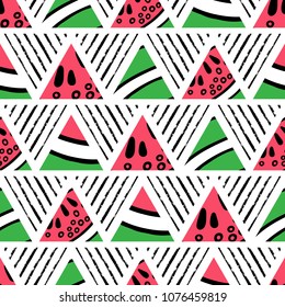 Hand drawn watermelon slices seamless pattern. Vector illustration. Seasonal summer tropical Design motif