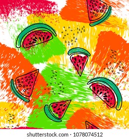 Hand drawn watermelon slices seamless pattern. Vector illustration. Seasonal summer tropical Design motif