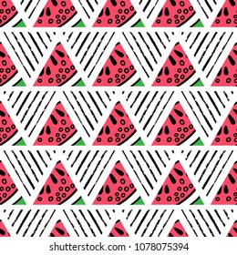 Hand drawn watermelon slices seamless pattern. Vector illustration. Seasonal summer tropical Design motif