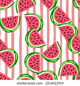 Hand drawn watermelon slices seamless pattern. Cute watermelons endless wallpaper. Funny fruit backdrop. Food design for fabric, textile print, wrapping, cover. Vector illustration