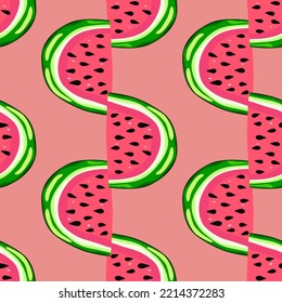 Hand drawn watermelon slices seamless pattern. Cute watermelons endless wallpaper. Funny fruit backdrop. Food design for fabric, textile print, wrapping, cover. Vector illustration