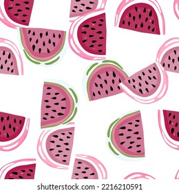 Hand drawn watermelon slices seamless pattern. Cute watermelons endless wallpaper. Funny fruit backdrop. Food design for fabric, textile print, wrapping, cover. Vector illustration