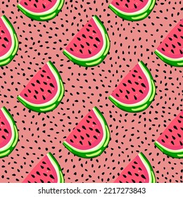 Hand drawn watermelon slices seamless pattern. Cute watermelons endless wallpaper. Funny fruit backdrop. Food design for fabric, textile print, wrapping, cover. Vector illustration