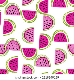 Hand drawn watermelon slices seamless pattern. Cute watermelons endless wallpaper. Funny fruit backdrop. Food design for fabric, textile print, wrapping, cover. Vector illustration