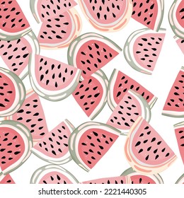 Hand drawn watermelon slices seamless pattern. Cute watermelons endless wallpaper. Funny fruit backdrop. Food design for fabric, textile print, wrapping, cover. Vector illustration