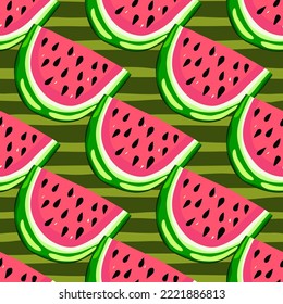 Hand drawn watermelon slices seamless pattern. Cute watermelons endless wallpaper. Funny fruit backdrop. Food design for fabric, textile print, wrapping, cover. Vector illustration