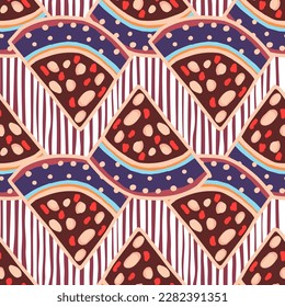 Hand drawn watermelon slices seamless pattern. Funny fruit backdrop. Food design for fabric, textile print, wrapping, cover. Vector illustration