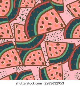 Hand drawn watermelon slices seamless pattern. Funny fruit backdrop. Food design for fabric, textile print, wrapping, cover. Vector illustration
