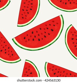 Hand drawn watermelon slices seamless pattern. Modern stylish linear art of summer ornament. Repeating background for textiles, wrapping paper or wallpapers. Isolated vector illustration.