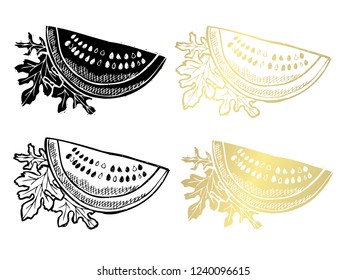 Hand drawn watermelons, design elements. Can be used for cards, invitations, scrapbooking, print, fabric, manufacturing, food themes. Golden fruits