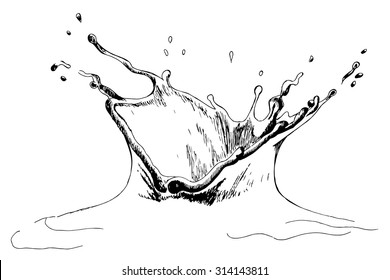 Hand drawn water/milk splash isolated on white background, sketched with a pen