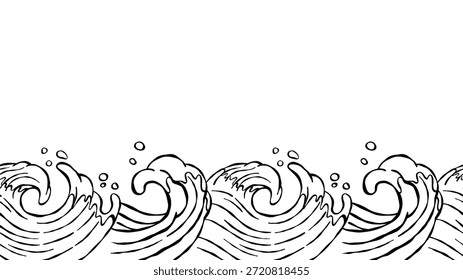 Hand drawn wave background. Japanese sea wave decoration design element. Oriental illustration for cover, banner, website, decor, border, pattern.