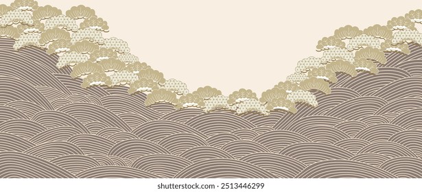 Hand drawn wave and bonsai tree with Japanese pattern vector. Abstract art background in vintage style. Chinese new year banner and card design. Contemporary shapes in vintage template design