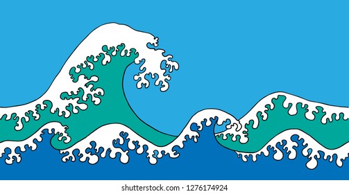 Hand drawn wave. Colorful vector illustration of background. Symbol of sea in cool colors.