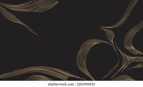 Hand drawn wave element with abstract art vector. Oriental gold line decoration with black banner design, flyer or presentation in vintage style. natural elements