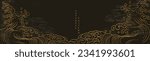 Hand drawn wave element with Japanese pattern vector. Oriental gold line decoration with black banner design, flyer or presentation in vintage style. Ocean sea elements.