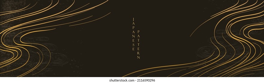 Hand drawn wave element with Japanese pattern vector. Oriental gold line decoration with black banner design, flyer or presentation in vintage style. Ocean sea elements.