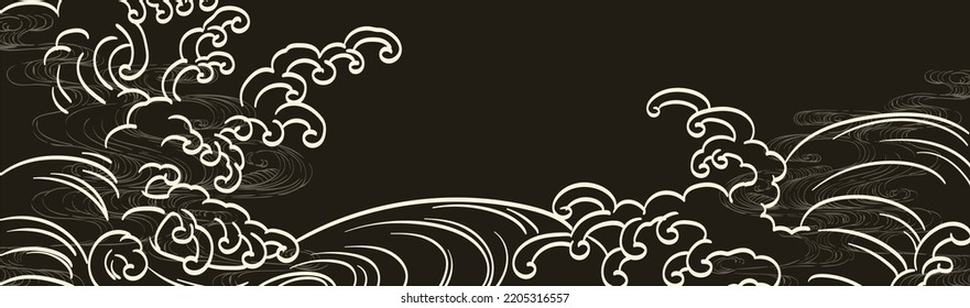 Elemento de onda dibujado a mano con vector de patrón japonés. Decoración de línea oriental con diseño de banner negro, volante o presentación de estilo vintage. Elementos de fondo marino oceánico.