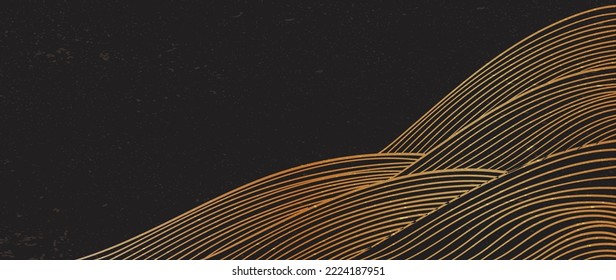 Hand drawn wave element with Japanese pattern vector. Oriental gold line decoration with black banner design, flyer or presentation in vintage style. Ocean sea elements. Mountain landscape background