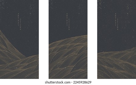 Hand drawn wave element with Japanese pattern vector. Gold line decoration with black banner design, flyer or presentation in vintage style. Ocean sea elements.