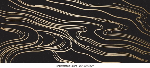 Hand drawn wave element with Japanese pattern vector. Oriental gold line decoration with black banner design, flyer or presentation in vintage style. Ocean sea elements. Mountain landscape background