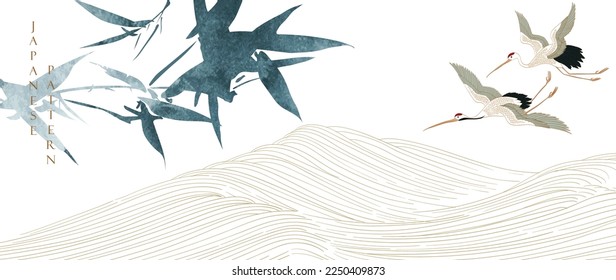 Hand drawn wave element with Japanese pattern vector. Crnae birds and branch of bamboo banner design, flyer or presentation in vintage style. Watercolor texture elements. Mountain landscape background