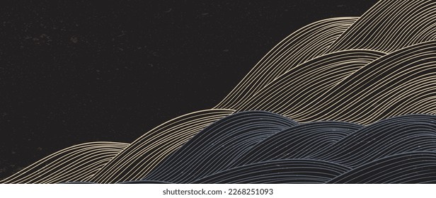 Hand drawn wave element with Japanese pattern vector. Oriental gold line decoration with black banner design, flyer and presentation in vintage style. Ocean sea elements. Mountain landscape background