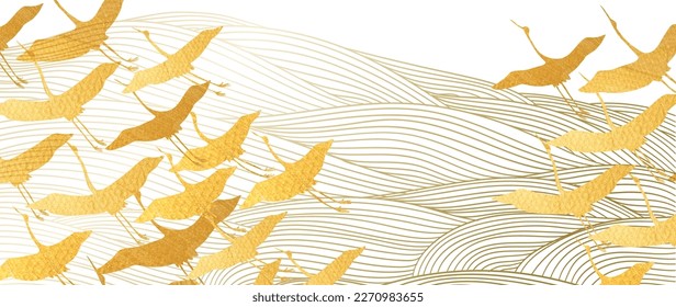 Hand drawn wave element with Japanese pattern vector. Oriental gold line decoration with gold crane birds , flyer or presentation in vintage style. Ocean sea elements. Mountain landscape background