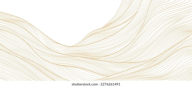 Hand drawn wave element with Japanese pattern vector. Oriental gold line decoration with white banner design, flyer or presentation in vintage style. Ocean sea elements. Mountain landscape background