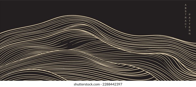 Hand drawn wave element with Japanese pattern vector. Oriental gold line decoration with black banner design, flyer or presentation in vintage style. Ocean sea elements.