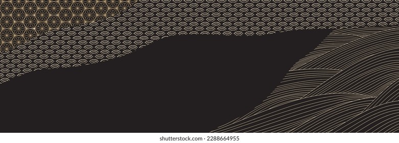 Hand drawn wave element with Japanese pattern vector. Oriental gold line decoration with black banner design, flyer or presentation in vintage style. Ocean sea elements.