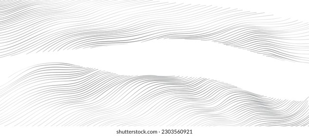 Hand drawn wave element with Japanese pattern vector. Grey line decoration with white banner design, flyer or presentation in vintage style. Mountain landscape backdrop. Simple and Silk concept.