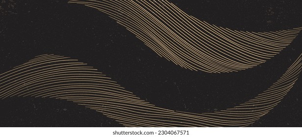 Hand drawn wave element with Japanese pattern vector. Gold line decoration with white banner design, flyer or presentation in vintage style. Abstract art landscape backdrop. Simple and Silk concept.