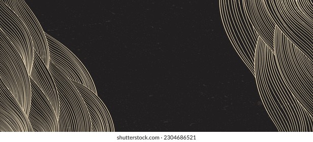 Hand drawn wave element with Japanese pattern vector. Oriental gold line decoration with black banner design, flyer or presentation in vintage style. Ocean sea elements. Mountain landscape background