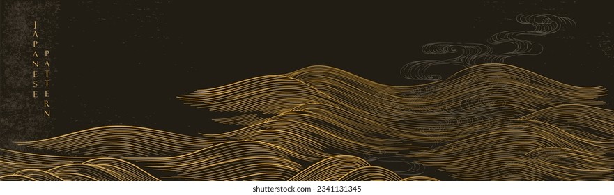 Hand drawn wave element with Japanese pattern vector. Oriental gold line decoration with black banner design, flyer or presentation in vintage style. Ocean sea elements.