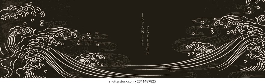 Hand drawn wave element with Japanese pattern vector. Oriental gold line decoration with black banner design, flyer or presentation in vintage style. Ocean sea elements.