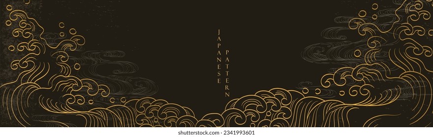 Hand drawn wave element with Japanese pattern vector. Oriental gold line decoration with black banner design, flyer or presentation in vintage style. Ocean sea elements.