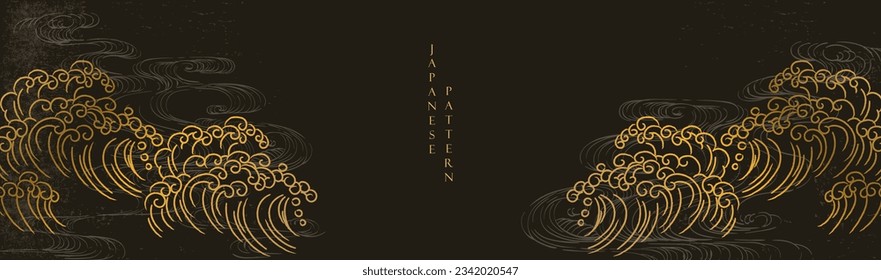 Hand drawn wave element with Japanese pattern vector. Oriental gold line decoration with black banner design, flyer or presentation in vintage style. Ocean sea elements.