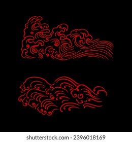 hand drawn wave illustration. Japanese style wave image. red waves on a black background.