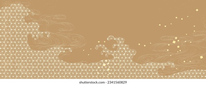Hand drawn wave with Japanese geometric pattern vector. Abstract art background in vintage style. Chinese new year banner and banner design. Contemporary shapes in vintage template design