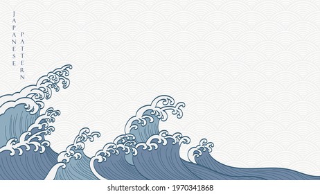 Hand drawn wave with Japanese pattern vector. Ocean sea background with natural decoration in vintage style.
