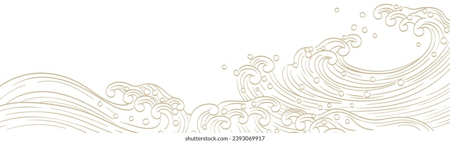 Hand drawn wave with Japanese pattern vector. Oriental decoration with logo design, flyer or presentation in vintage style. Natural ocean sea element with geometric shape