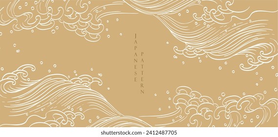 Hand drawn wave with Japanese pattern vector. Gold abstract art background in vintage style. Chinese new year banner and card design. Contemporary shapes in vintage template design