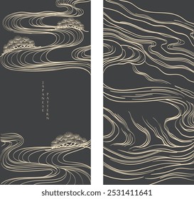 Hand drawn wave with Japanese pattern vector. Black Chinese new year banner and card design. Abstract art background in vintage style. Contemporary shapes in vintage template