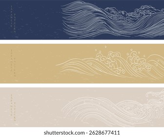 Onda desenhada à mão com vetor de padrão japonês. Fundo de arte abstrata em estilo vintage. Banner de ano novo chinês e design de cartão. Formas contemporâneas no modelo vintage