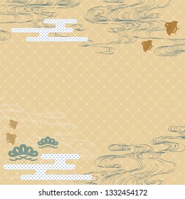 Hand drawn wave with Japanese template vector. Cloud, pine tree, birds and wave elements background.