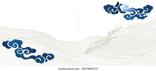 Hand drawn wave line and blue Chinese cloud background vector in vintage style. Abstract art landscape banner design with watercolor texture vector. 