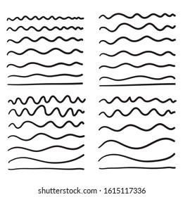 hand drawn Wave line and wavy zigzag pattern lines. Vector black underlines, smooth end squiggly horizontal curvy squiggles isolated