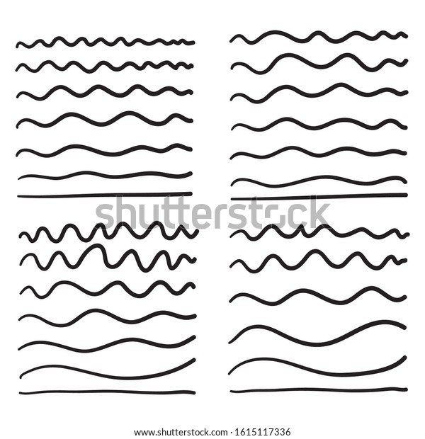 hand drawn Wave line and wavy zigzag pattern\
lines. Vector black underlines, smooth end squiggly horizontal\
curvy squiggles isolated