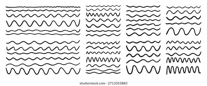 Las líneas onduladas dibujadas a mano y el zigzag ondulado subrayan la Ilustración vectorial suave y ondulada de los acentos Horizontales